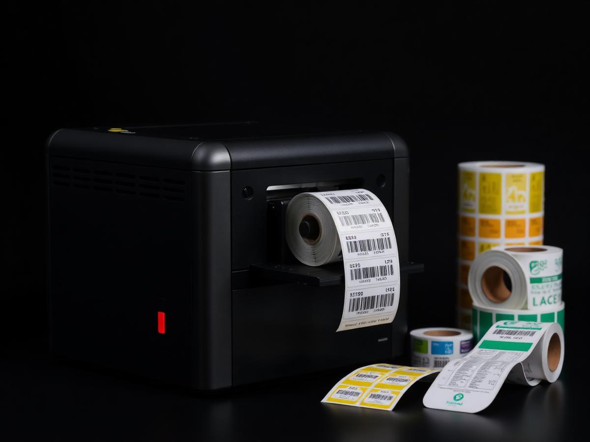 Industrial label printer producing rolls of barcode labels